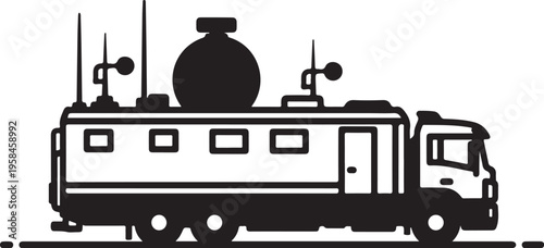 Mobile laboratory truck, science vehicle, research van, black and white icon
