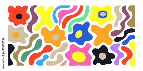 Abstract arrangement of colorful organic shapes against a white background