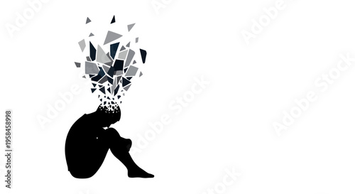 Person sitting with exploding head in black and white silhouette style