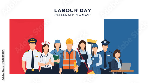 Labor Day Celebrations: An illustration that captures the essence of Labor Day, featuring a diverse group of professionals against the backdrop of a national flag.