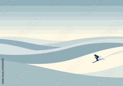 A solitary skier navigates the serene, undulating slopes of a snow-covered mountain under a pale, overcast sky, evoking a sense of peaceful winter recreation and solitude