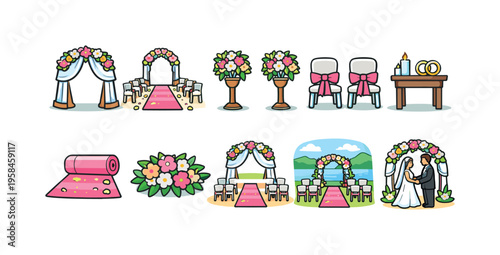 Collection of charming wedding ceremony elements and decorations