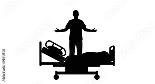 Man standing on hospital bed with arms outstretched in black silhouette