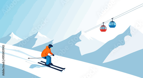 Skier gliding down a snowy mountain slope on a sunny winter day, with a colorful gondola lift ascending in the background