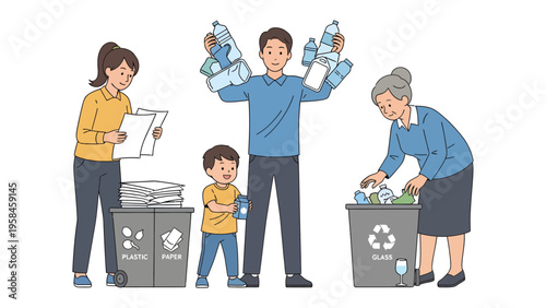 Family's Earth-Friendly Efforts: A family unit meticulously sorts recyclable items, showcasing a shared commitment to environmental sustainability and conservation.