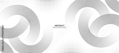 Abstract white background with black circle rings. Black circle lines pattern. Futuristic technology concept. Suit for cover, poster, banner, brochure, header, website