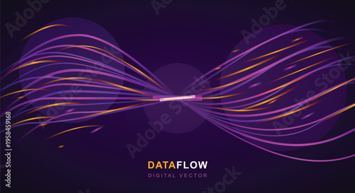Data flow digital vector background featuring glowing purple and orange light trails representing high speed internet connectivity and information transfer systems