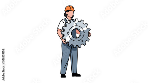 Mechanic and the Gear: A skilled mechanic in an orange hardhat, confidently holds a large, intricate gear symbolizing the inner workings of industry, innovation, and technological advancement.