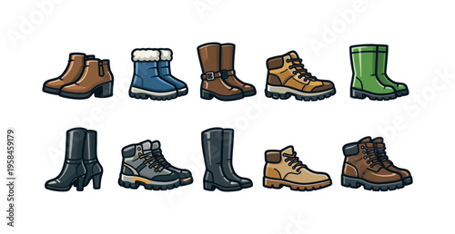 Collection of various cartoon style boots and shoes for different seasons and activities