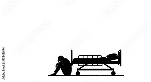 Depressed person sitting beside hospital bed with railings and wheels on white background