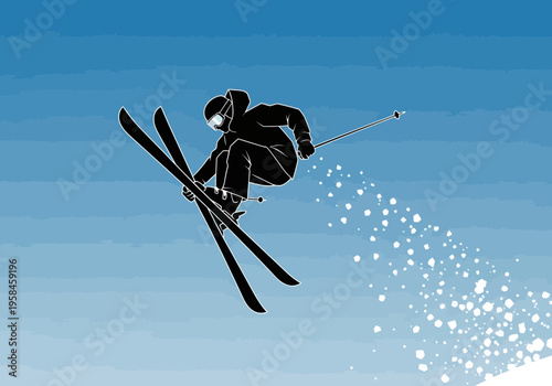 Silhouette of a skier performing a jump against a clear blue sky with snow spray