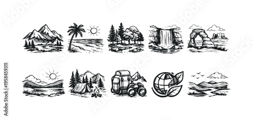 Collection of hand-drawn nature and travel icons depicting landscapes and adventure gear