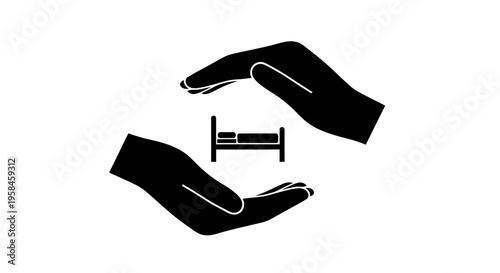 Two hands cradling a bed with mattress symbolizing care and protection in a minimalist black and white design