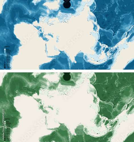 Eurasia Wide Bathymetric Ocean Depth Map - Conic Equidistant Projection - Scalable Multi-Color Seafloor Relief Topography with Depth Legend Showing Continental Shelves Mid-Ocean Ridges and Abyssal
