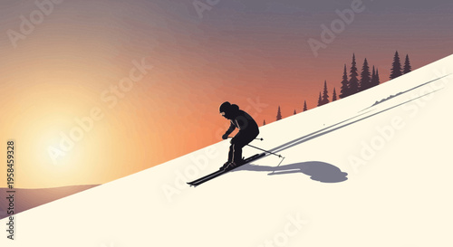 Silhouette of a skier descending a snow-covered mountain slope during a vibrant sunset, casting long shadows