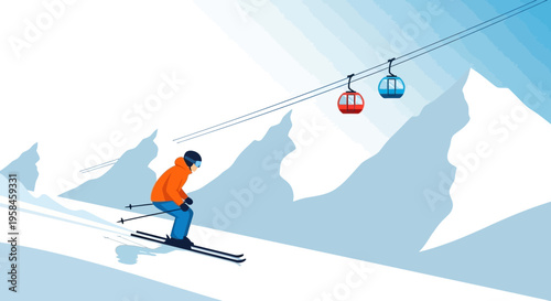 Skiing down a snowy mountain with ski lifts overhead in a winter scene illustration