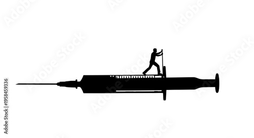 Person walking on large syringe with needle symbolizing health and medicine concept