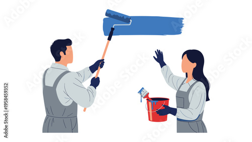 Home Renovation Partnership: A collaborative team works together to renovate a home, applying fresh blue paint with rollers and brushes, symbolizing teamwork and creativity.
