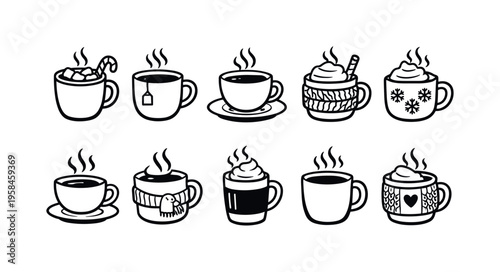 Collection of cozy hot drinks in mugs, perfect for winter and holidays