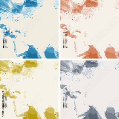 Europe Asia Routes Bathymetric Ocean Depth Map - Gnomonic Projection - Scalable Multi-Color Seafloor Relief Topography with Depth Legend Showing Continental Shelves Mid-Ocean Ridges and Abyssal Plains