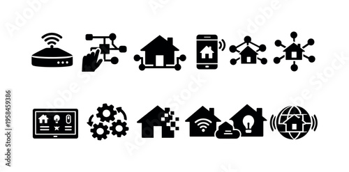 Smart home technology icons representing connectivity, automation, and digital living