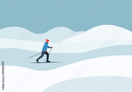 Embark on a refreshing cross-country ski adventure, navigating gentle slopes in a tranquil winter wonderland, promoting health and wellness amidst nature's breathtaking beauty