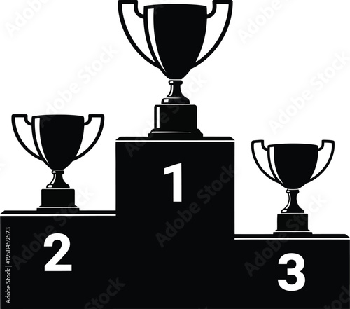 A podium with three trophies representing first second and third place winners in a competition or award ceremony