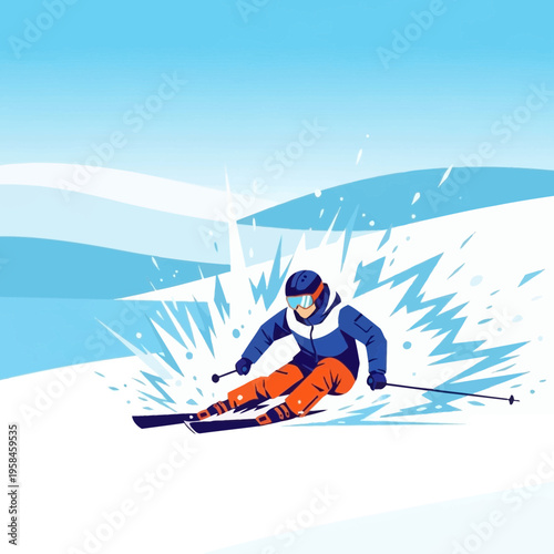 Winter sports enthusiast carving down a snowy slope with ski poles, dynamic illustration of a skier in action amidst powder snow spray