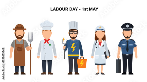 Labor Day Celebration: A diverse group of essential workers stand united, symbolizing the value of labor and the contributions of different professions.