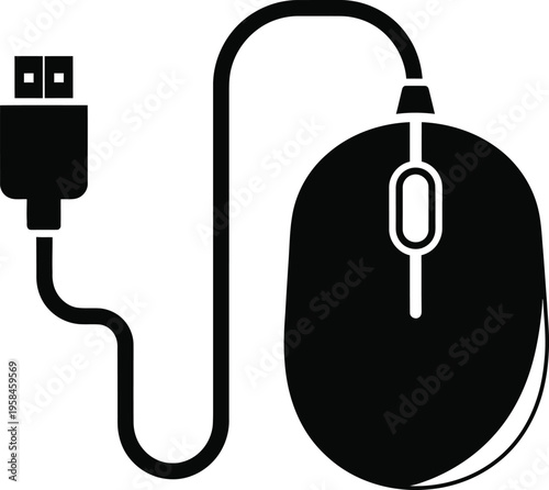 A black computer mouse with a usb cord and plug