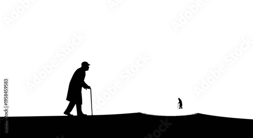 Elderly man walking with cane and dog on hilltop at sunset with white background