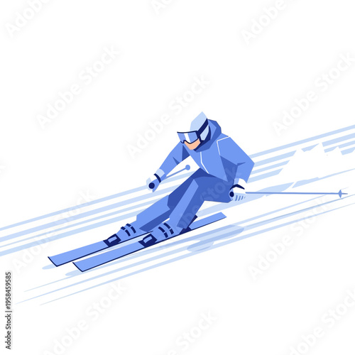 Downhill skier in blue ski suit skiing on a snowy slope with ski poles, illustrating the thrill of winter sports and outdoor recreation