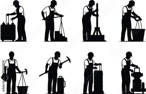 Silhouette illustrations of a janitor or custodian performing various cleaning tasks with tools and equipment