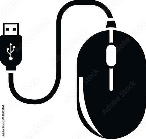 A black computer mouse with a usb cord and connector