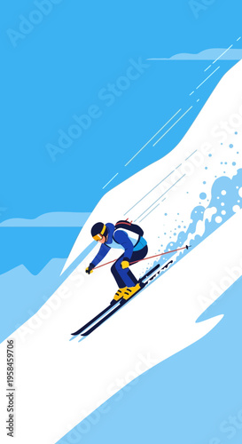 Action-packed downhill skiing illustration of a person with skis on a snow-covered slope under a clear blue sky