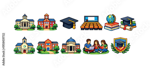 Pixel art icons representing education, graduation, and university life