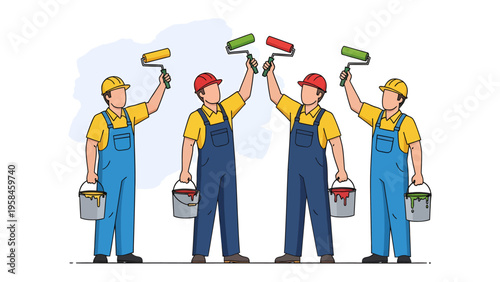 Teamwork Painting a New Future: A skilled team of painters, each holding a roller and a bucket, collaborate to paint a vibrant wall, symbolizing unity and progress. They are dressed in work clothes. 