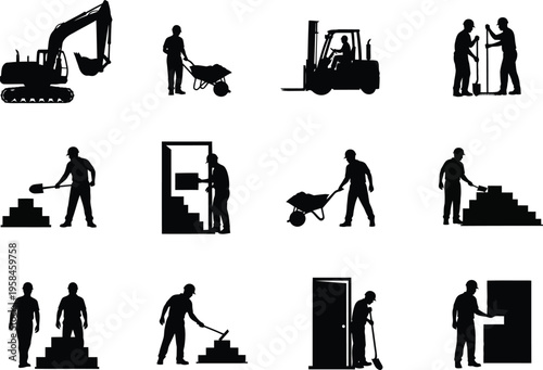 Construction workers and heavy machinery silhouette icons