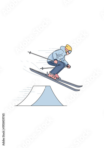 A skier in mid-air after launching off a ramp, showcasing the thrill of winter sports and aerial maneuvers during a ski jump