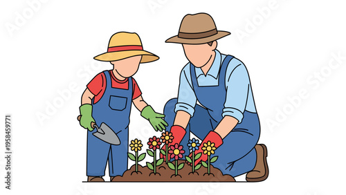 Nurturing Bonds: A father and child share a tender moment while tending to a vibrant flower garden, creating memories and cultivating growth.