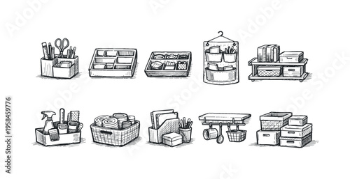 Collection of hand-drawn sketches illustrating various home and office organization solutions
