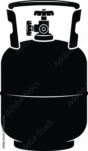 Black and white image of a gas cylinder with valve and handle