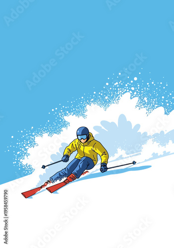 Dynamic illustration of a skier in a bright yellow jacket carving down a snowy mountain slope under a clear blue sky
