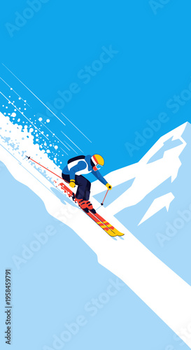 Dynamic downhill ski illustration with a skier in mid-action against a backdrop of snow-covered mountains and a bright blue sky