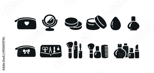 Collection of black cosmetic icons including makeup bags, brushes, and bottles