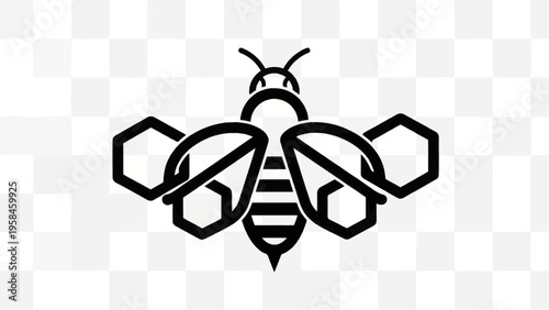 Black Bee Icon with Hexagonal Wings.