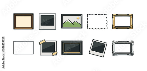 Collection of diverse picture frames and photo formats for creative display