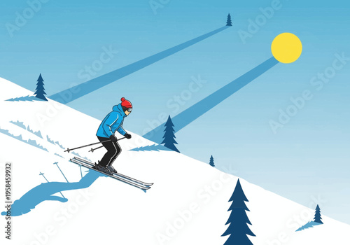 Vector illustration of a skier descending a snowy mountain slope, enjoying a sunny winter day in an alpine landscape with long shadows