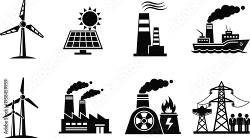 Industrial and renewable energy icons set