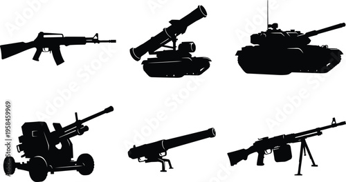 Silhouettes of various military weapons and vehicles